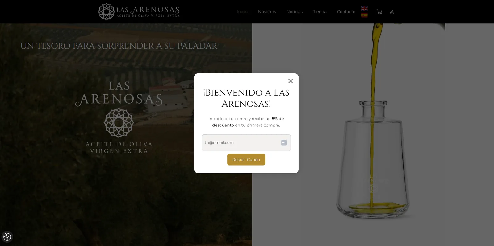 Portada de la tienda Las Arenosas con una botella de aceite y la ventana de cupón de bienvenida