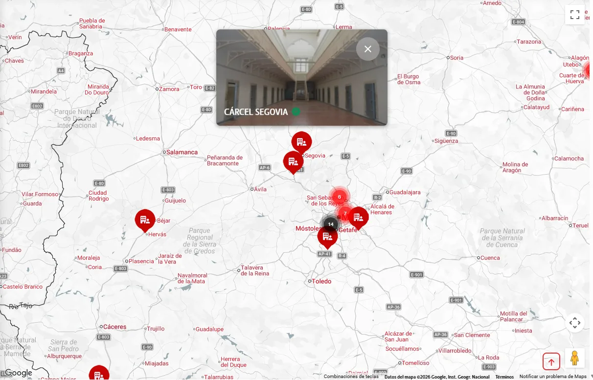 Mapa de España con los estudios y platós del directorio y la ficha de uno de ellos abierta